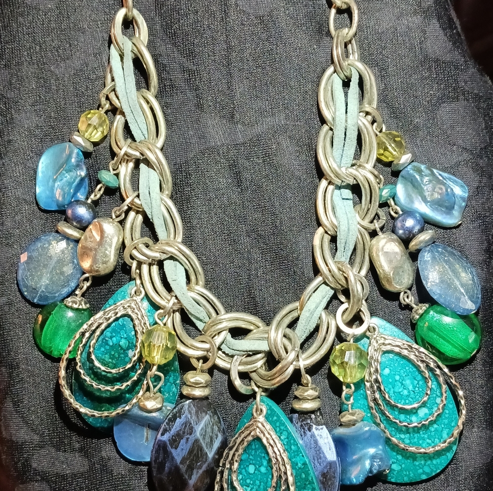 Faux suede silver tone statement boho charm necklace